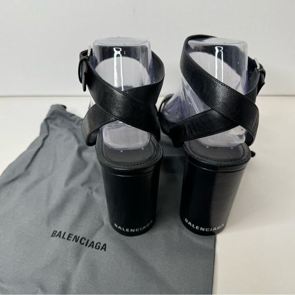 Balenciaga heeled sandals strappy black open toe wedge block heel logo sz 41 11 - Picture 2 of 8